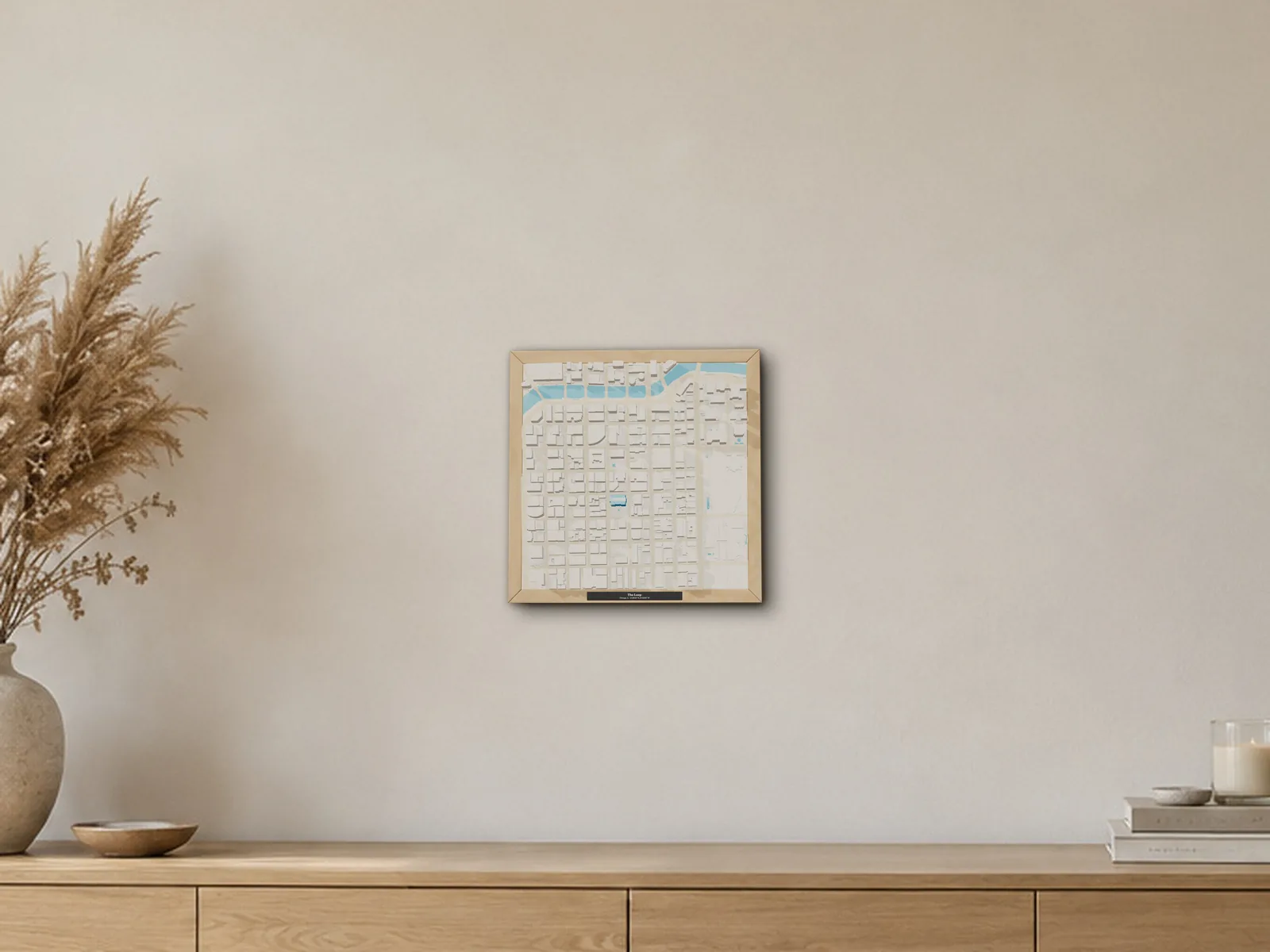 Mockup: a framed 3D model of The Loop, Chicago, in a generated room photo