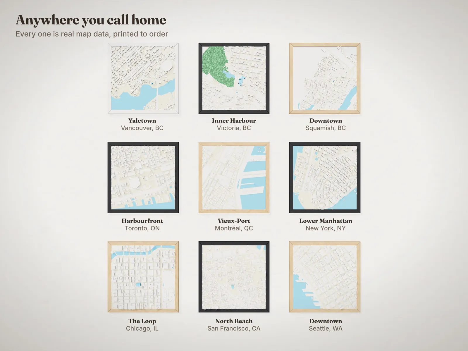 Nine framed city models in a grid