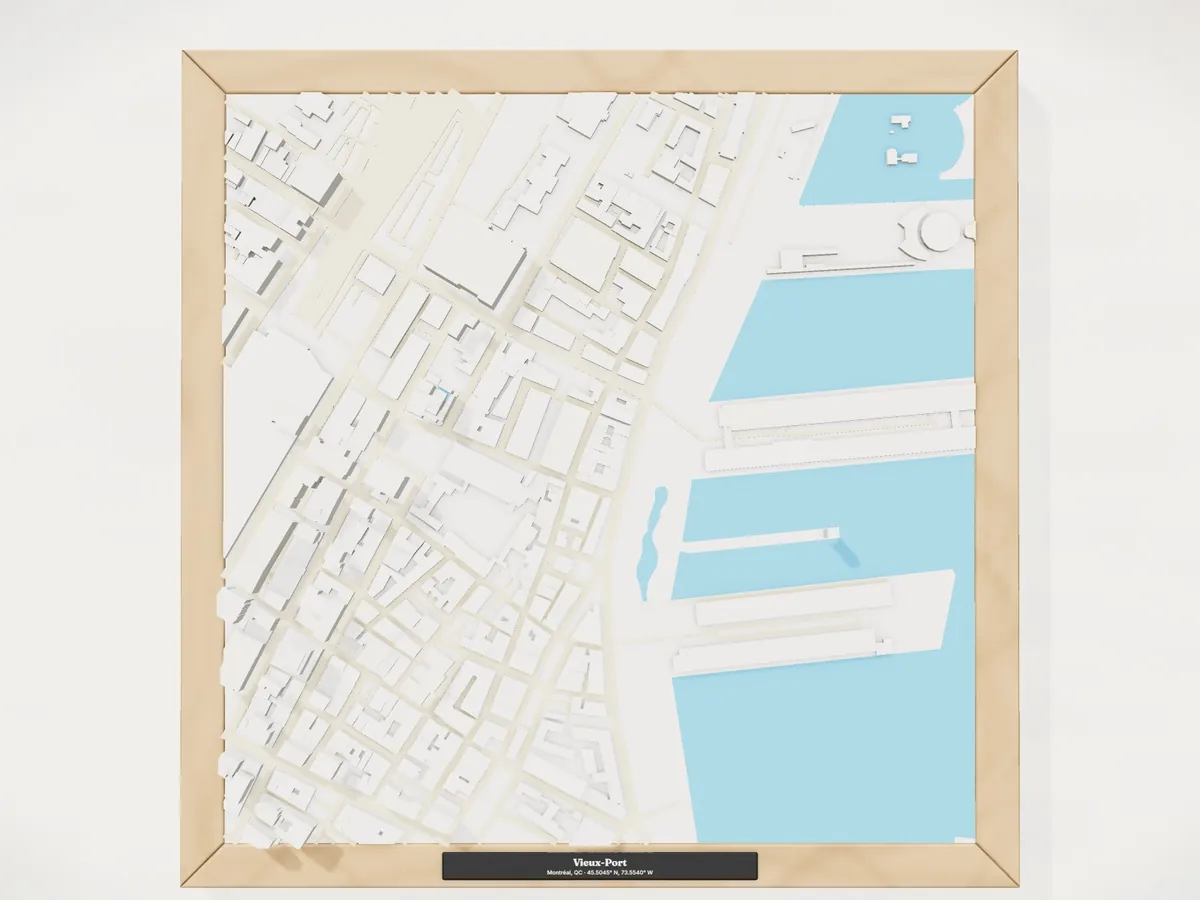 A framed 3D model of Vieux-Port, Montréal