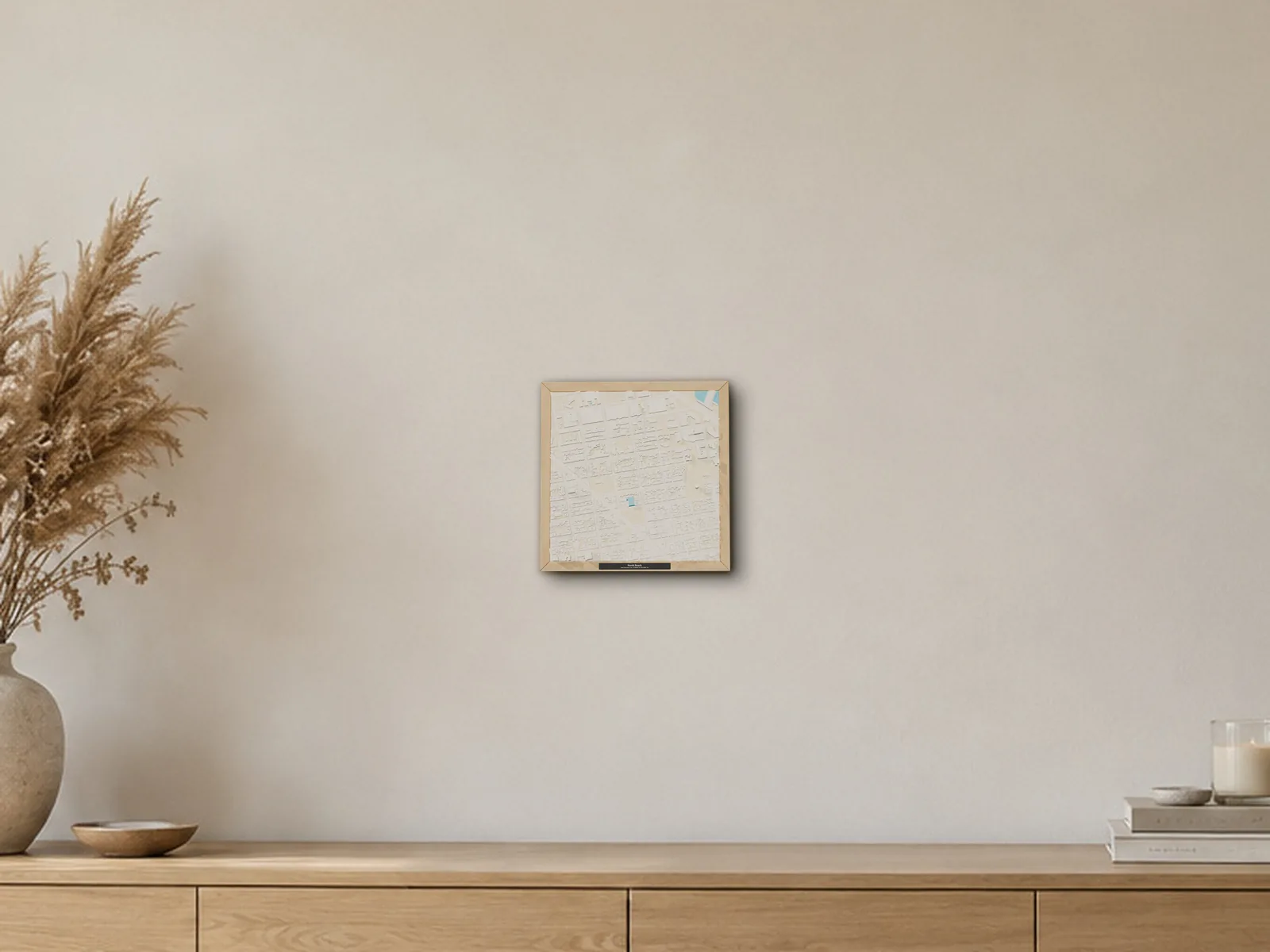Mockup: a framed 3D model of North Beach, San Francisco, in a generated room photo