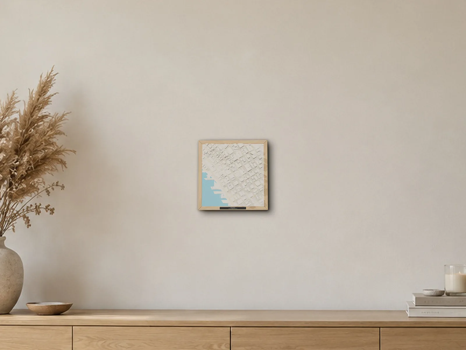 Mockup: a framed 3D model of Downtown, Seattle, in a generated room photo