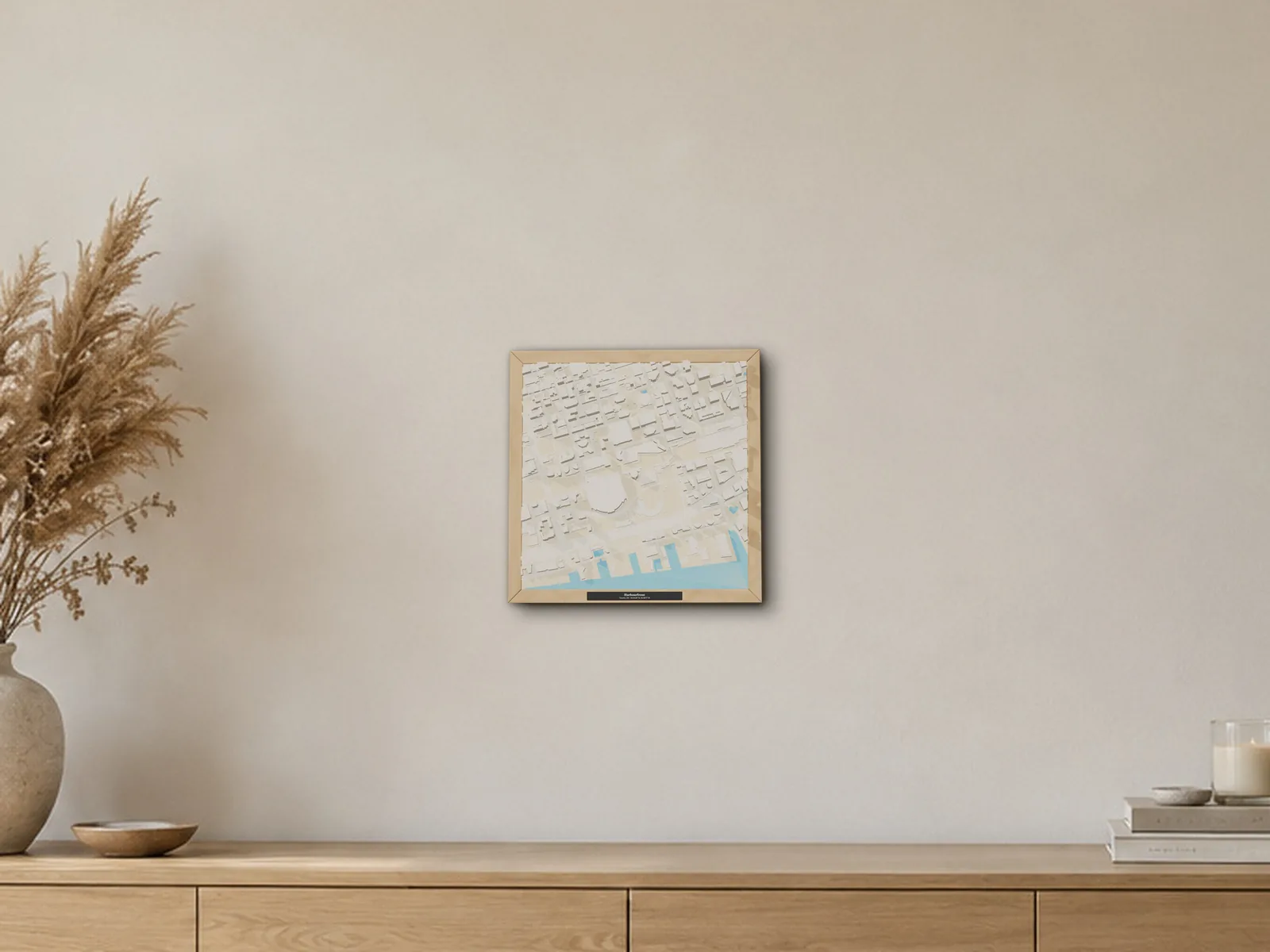 Mockup: a framed 3D model of Harbourfront, Toronto, in a generated room photo