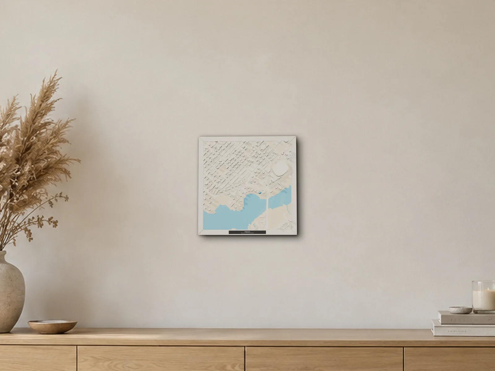 Mockup: a framed 3D model of Yaletown, Vancouver, in a generated room photo